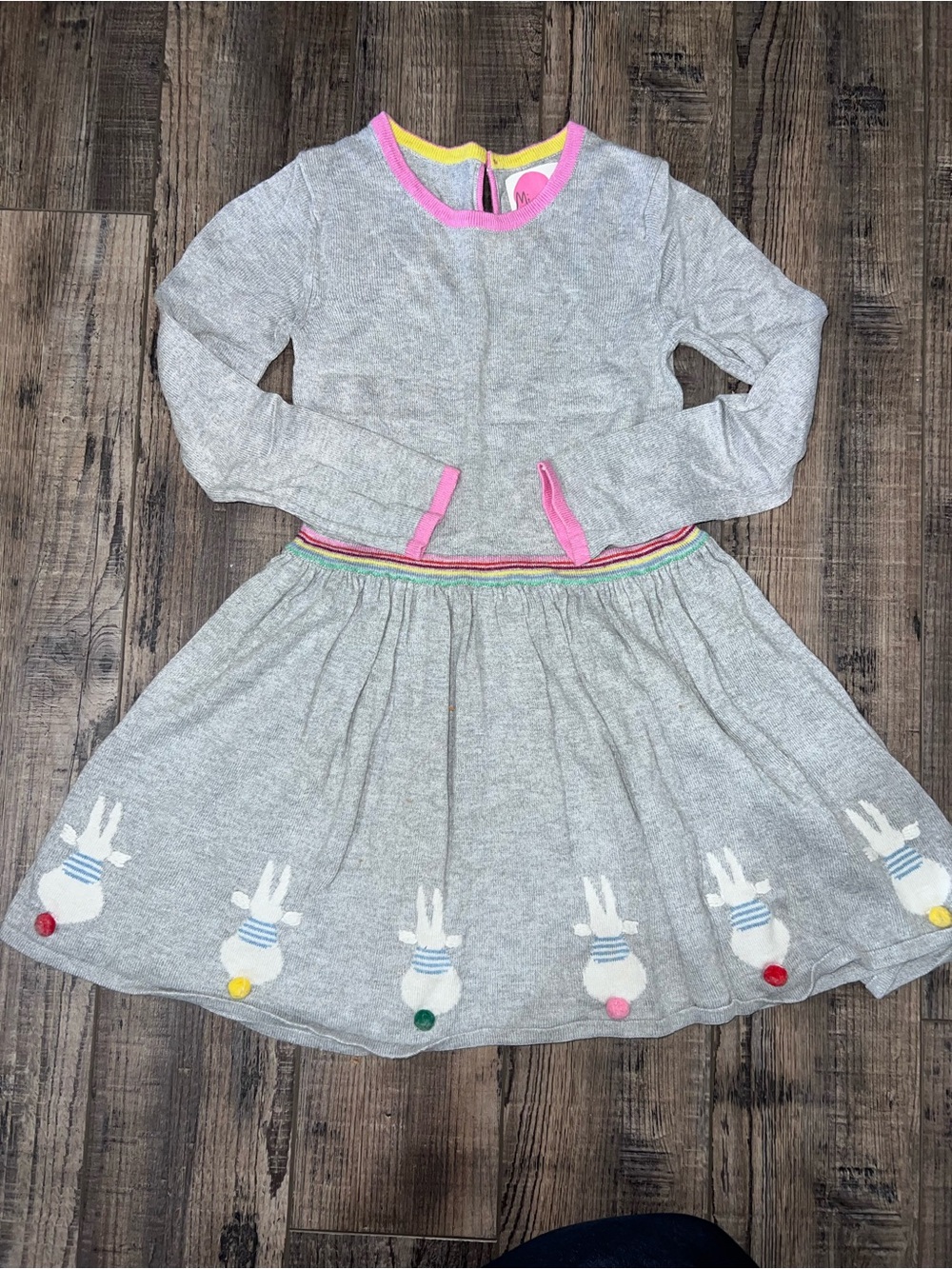 Mini Boden Girls' Gray Bunny Trim Long-Sleeve Dress - Pink Accents